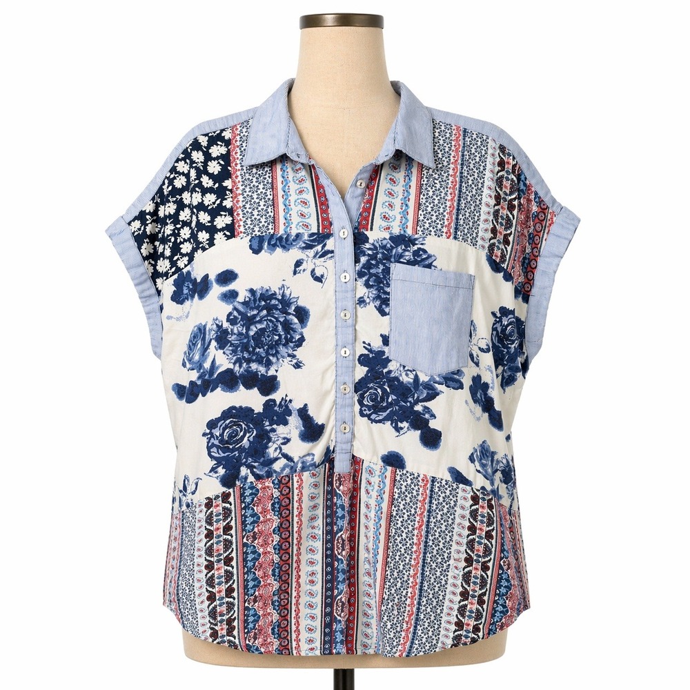 Patchwork Floral Striped Button Top Sz XL Mixed Media Cottagecore Boho Festival